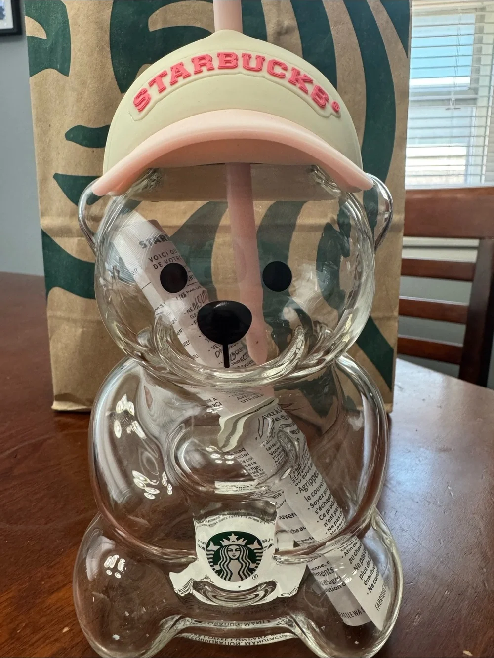 Starbucks Clear Bear Tumbler with Pink Straw, Pink Hat & Strawberry Topper